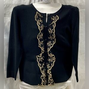 Black crop sweater with beige/black lace trim front